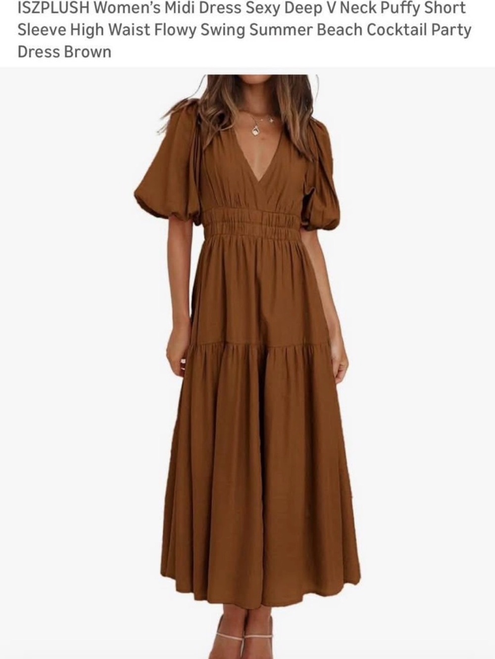 Brown V‑Neck Puff Sleeve Midi Dress